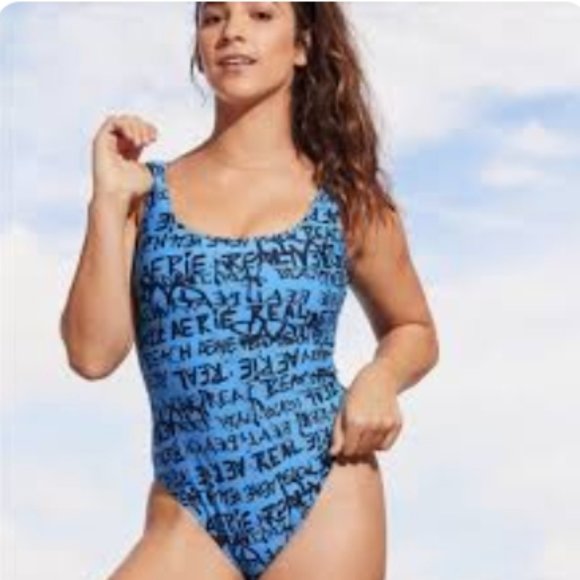 Aerie Real Cheeky One Piece Blue Swim Suit - Picture 1 of 6
